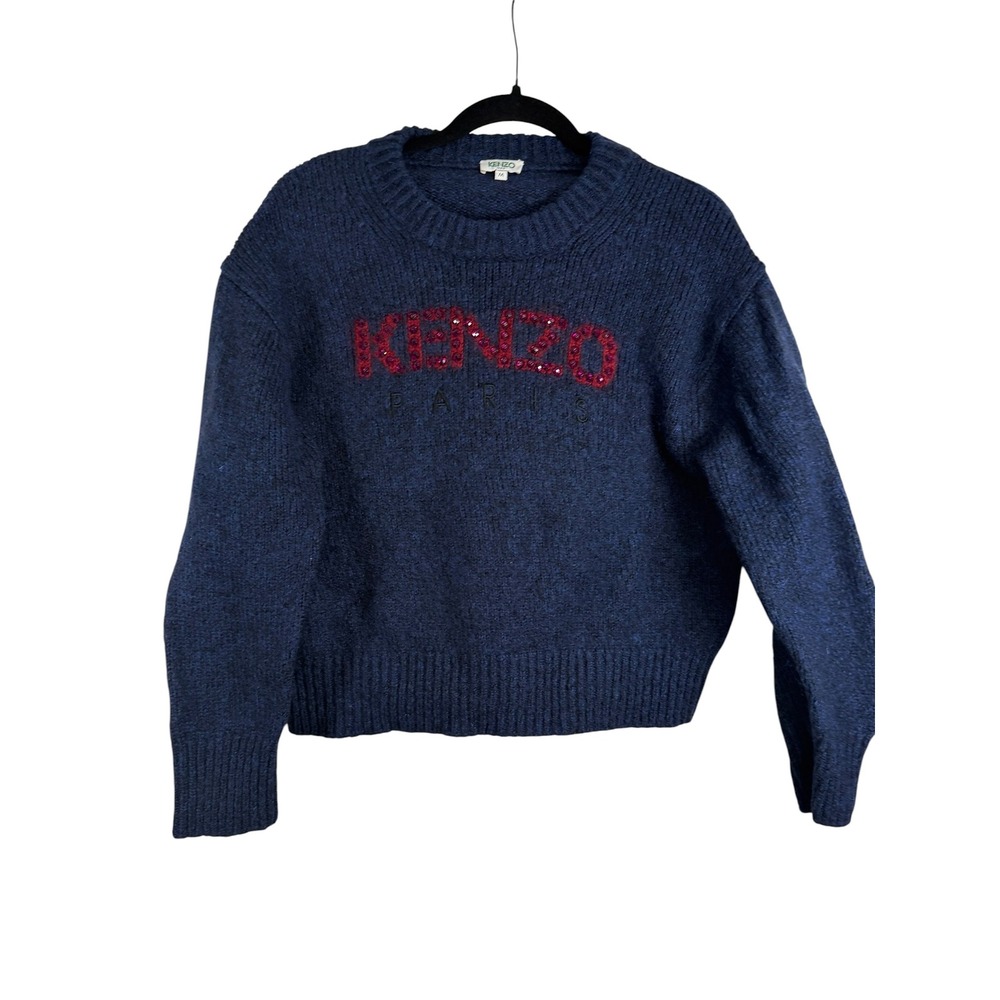 Kenzo Paris Navy Blue Sequin Logo Crewneck Sweater Womens Medium
